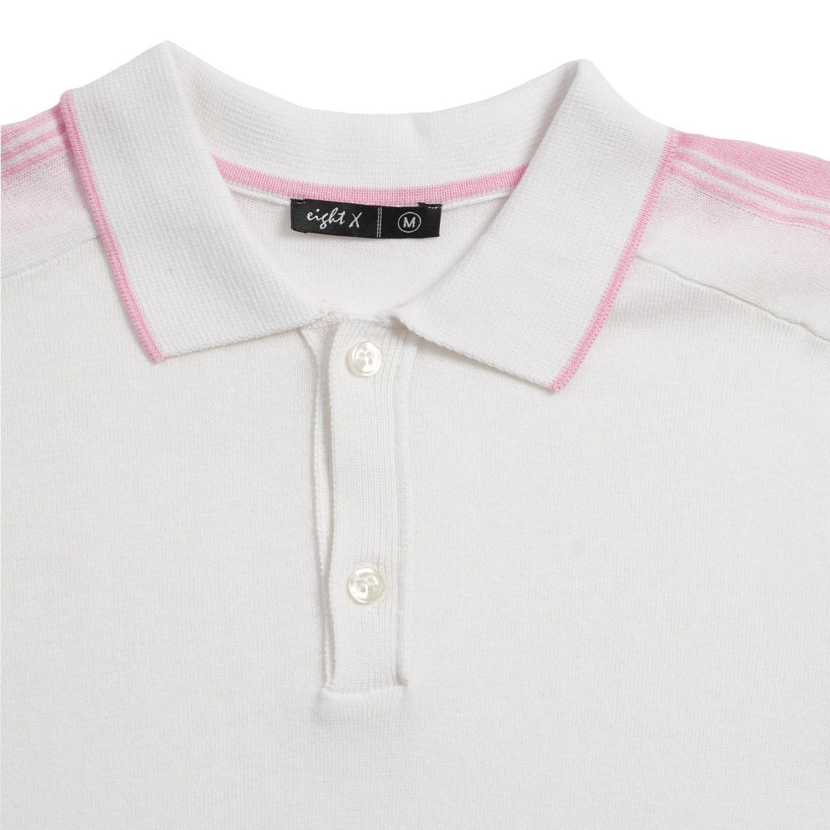 Knit Polo W/ Shoulder Design - White/Pink Polos Eight-X