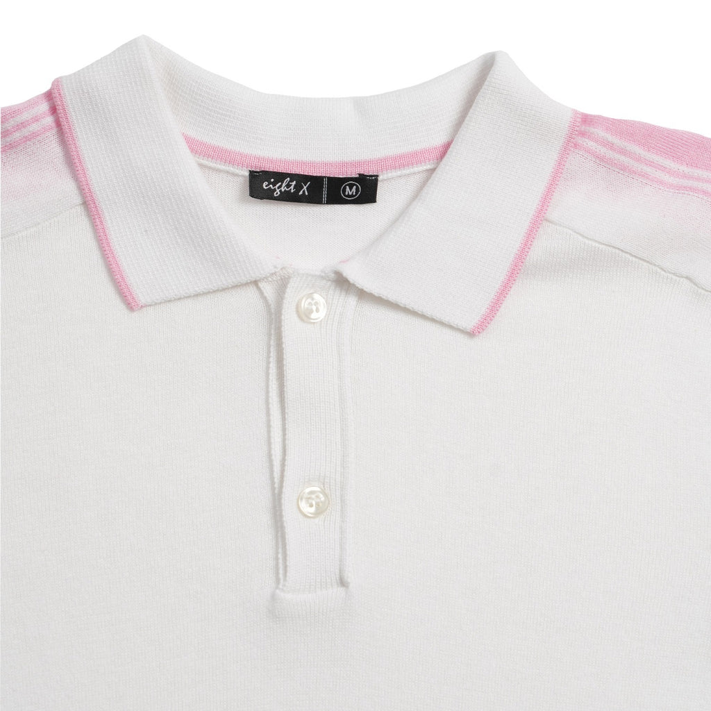 Knit Polo W/ Shoulder Design - White/Pink Polos Eight-X