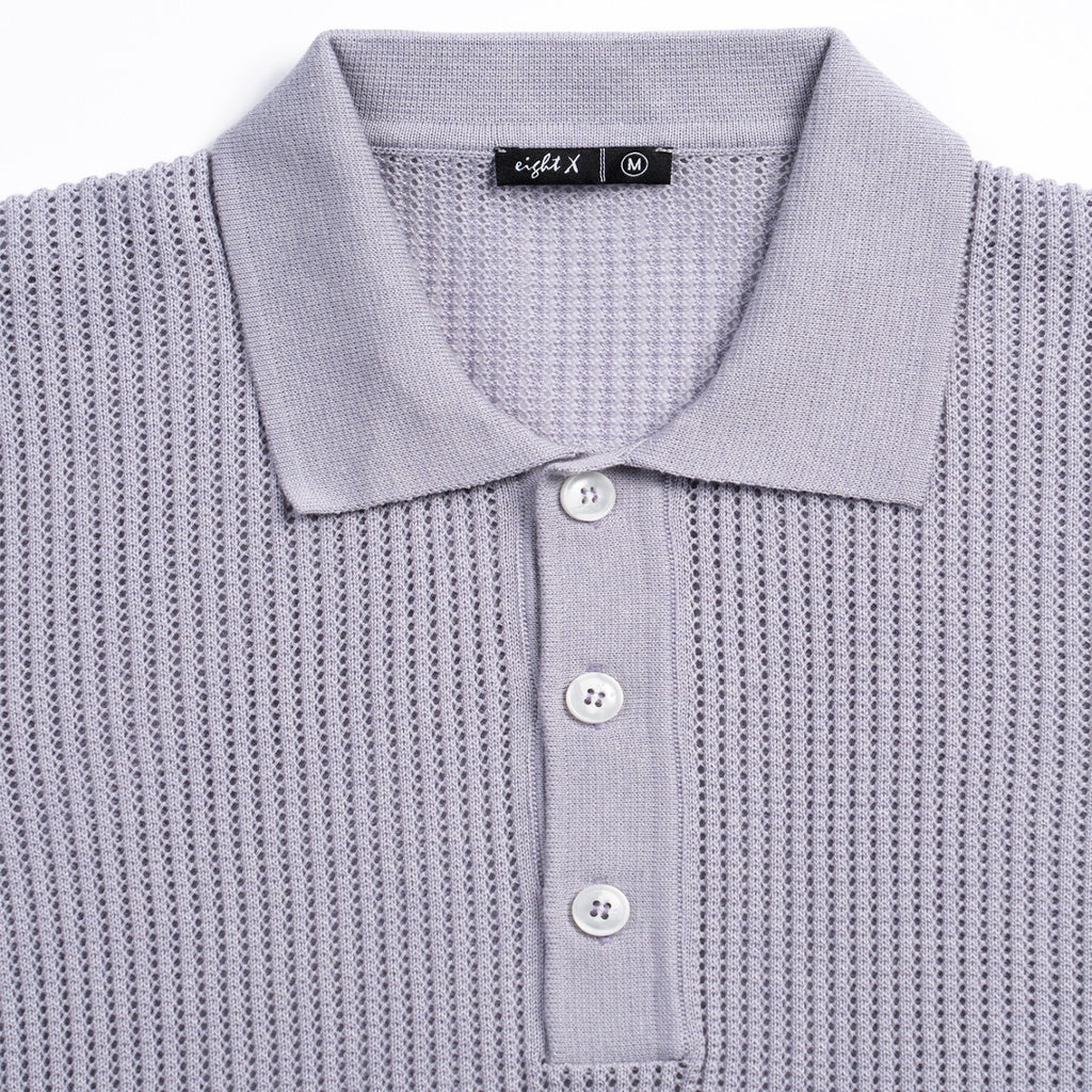 Zephyr Short Sleeve Button Up Crochet Polo Shirt - Lilac Eight-X
