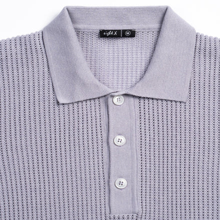 Zephyr Short Sleeve Button Up Crochet Polo Shirt - Lilac Eight-X