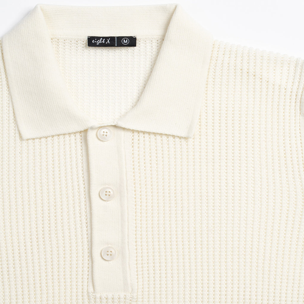 Zephyr Short Sleeve Button Up Crochet Polo Shirt - White Eight-X
