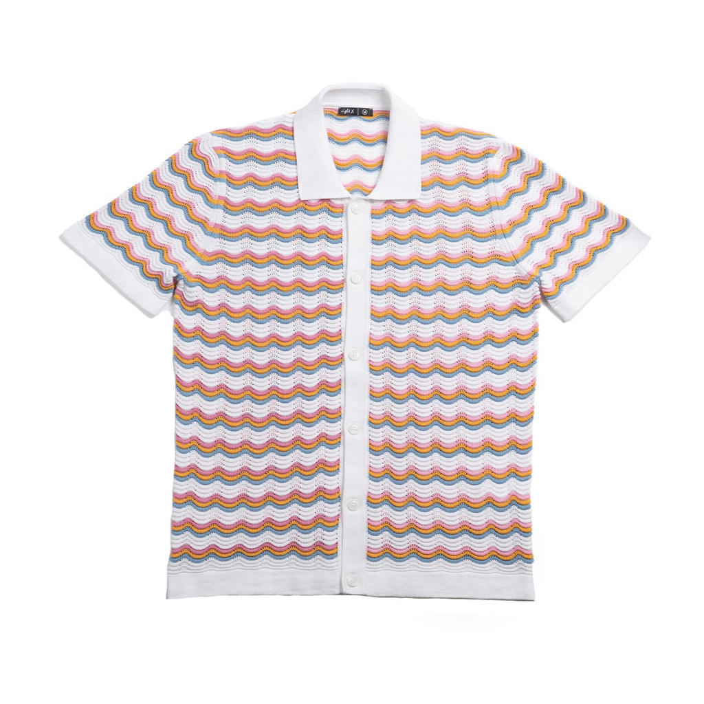 The Ripple Crochet Short Sleeve Button Up Polo Shirt - White Eight-X WHITE S