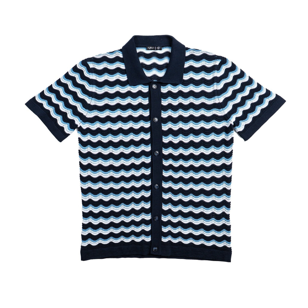 The Ripple Crochet Short Sleeve Button Up Polo Shirt - Navy Eight-X NAVY S