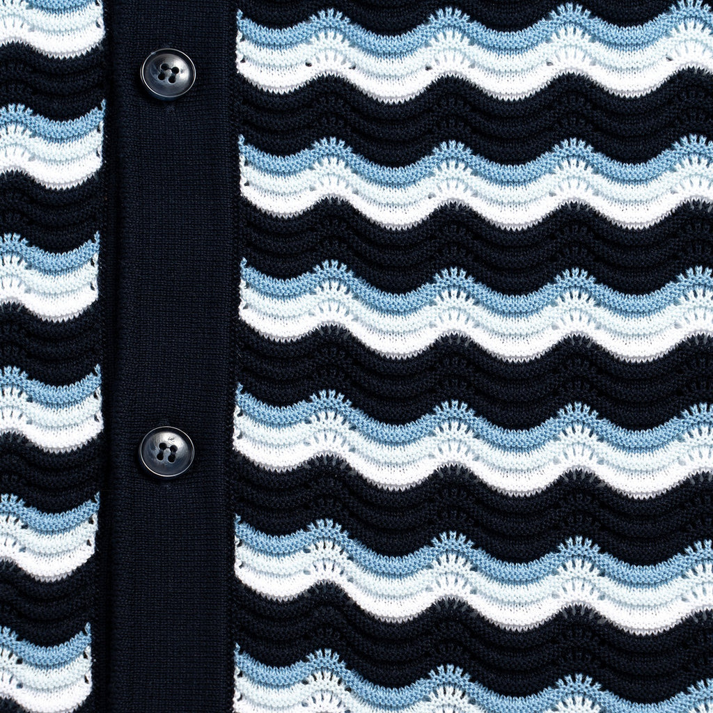 The Ripple Crochet Short Sleeve Button Up Polo Shirt - Navy Eight-X