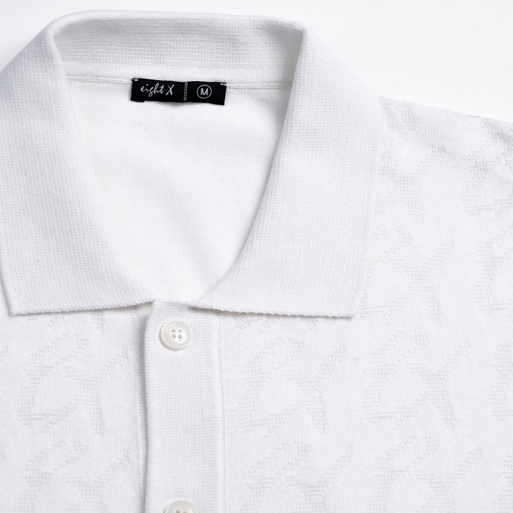 8X Monogram Short Sleeve Button Up Knit Polo Shirt - White Eight-X