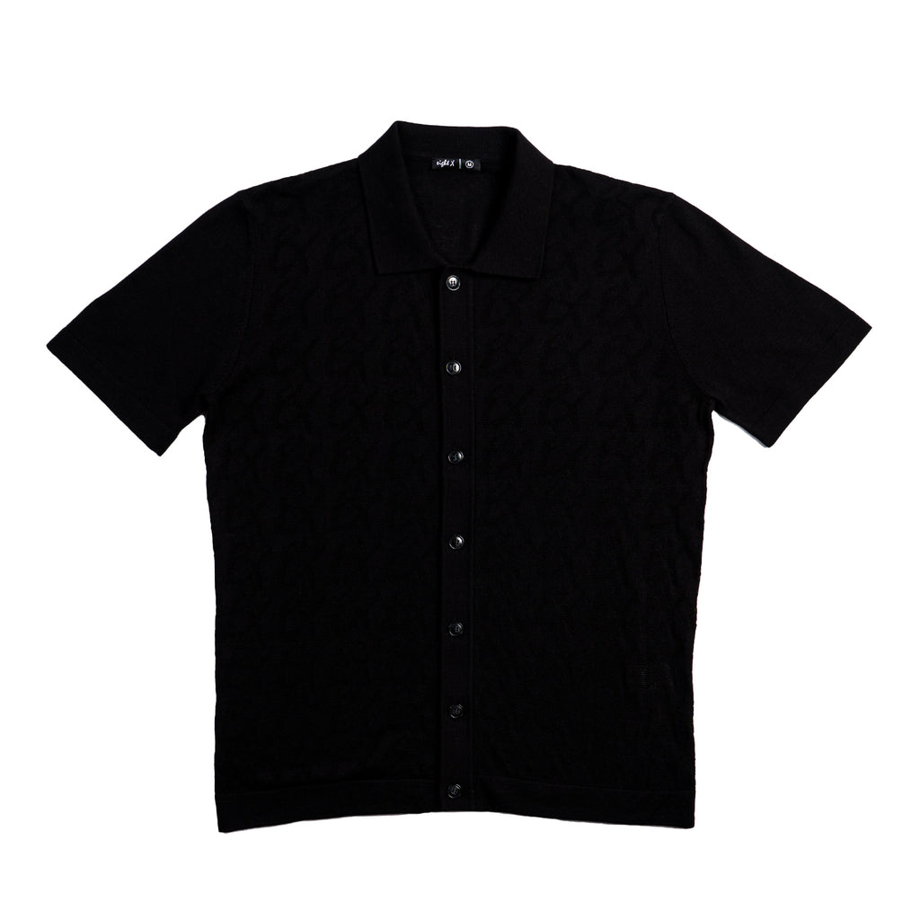 8X Monogram Short Sleeve Button Up Knit Polo Shirt - Black Eight-X BLACK S