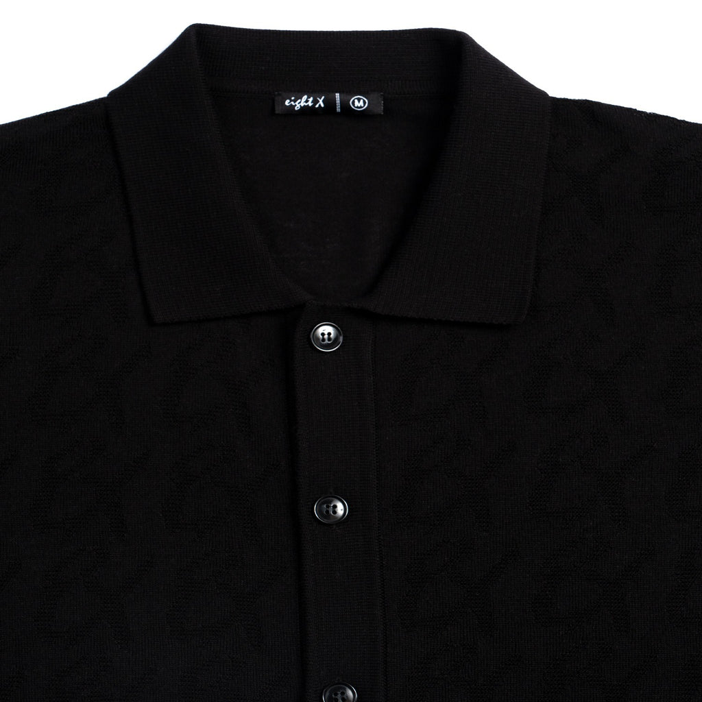 8X Monogram Short Sleeve Button Up Knit Polo Shirt - Black Eight-X