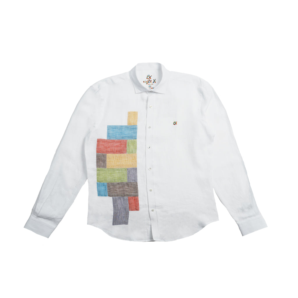Classic Patchwork Linen Long Sleeve Button Up Shirt Eight-X WHITE S