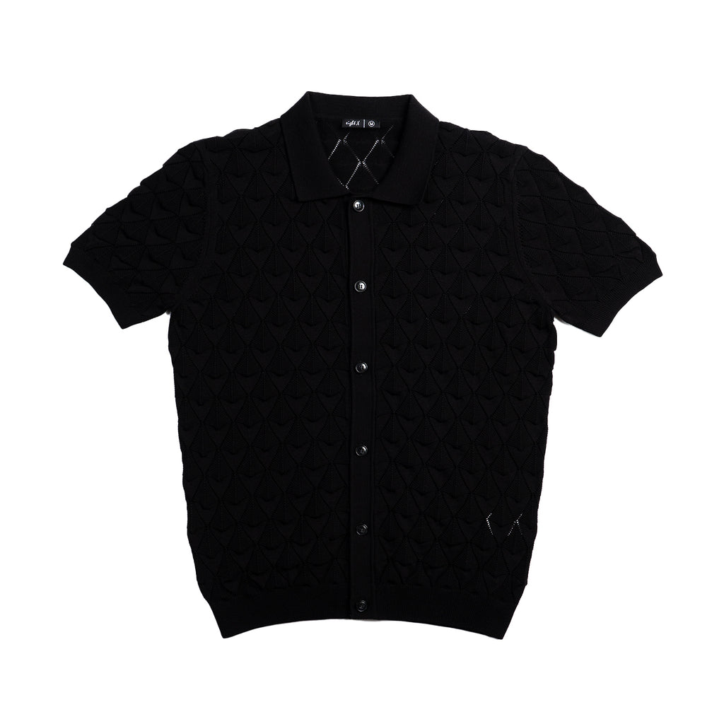 Spire Crochet Short Sleeve Button Up Polo Shirt - Black Eight-X BLACK S
