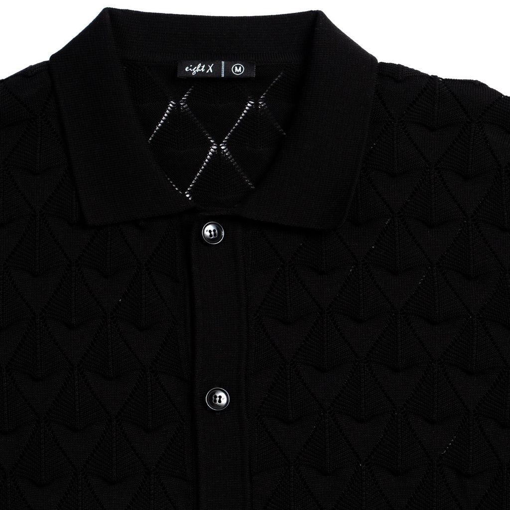 Spire Crochet Short Sleeve Button Up Polo Shirt - Black Eight-X
