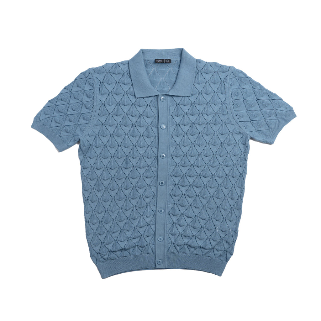 Spire Crochet Short Sleeve Button Up Polo Shirt - Blue Eight-X BLUE S