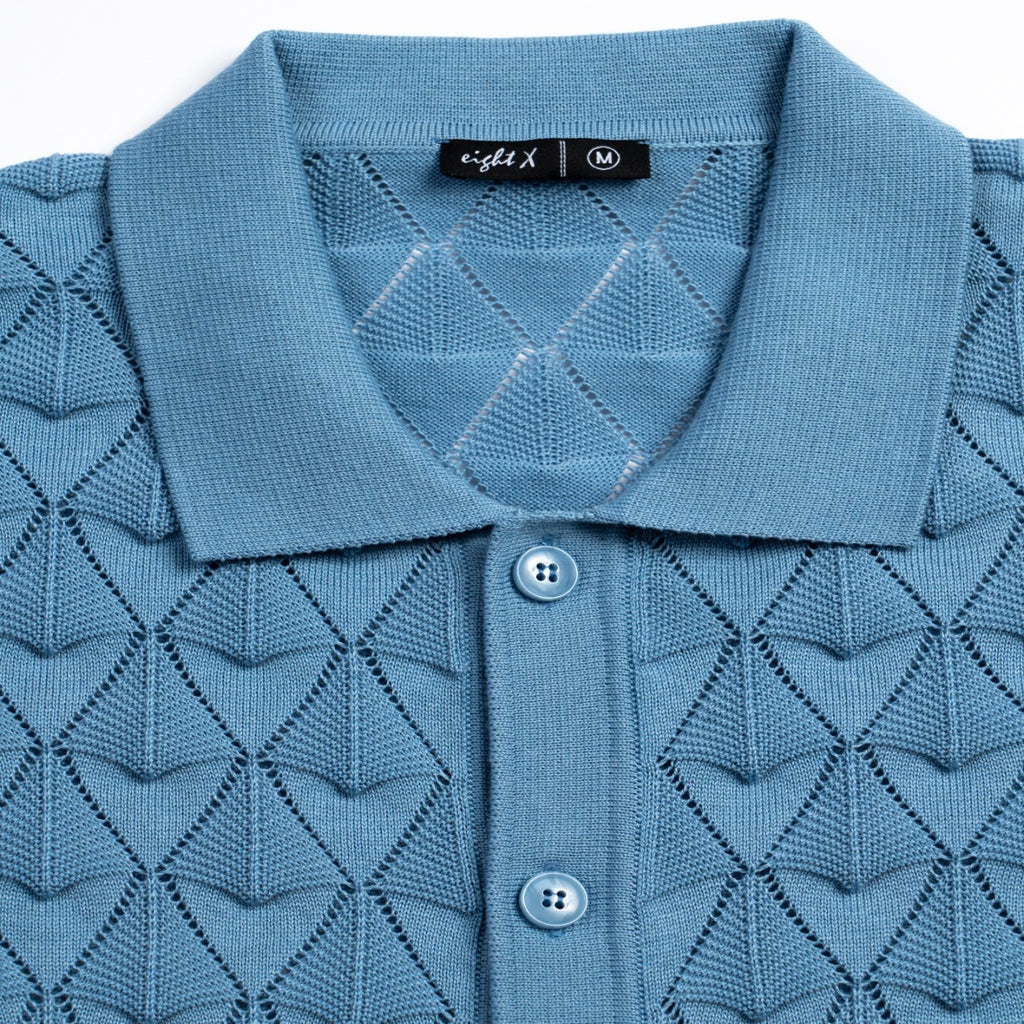 Spire Crochet Short Sleeve Button Up Polo Shirt - Blue Eight-X