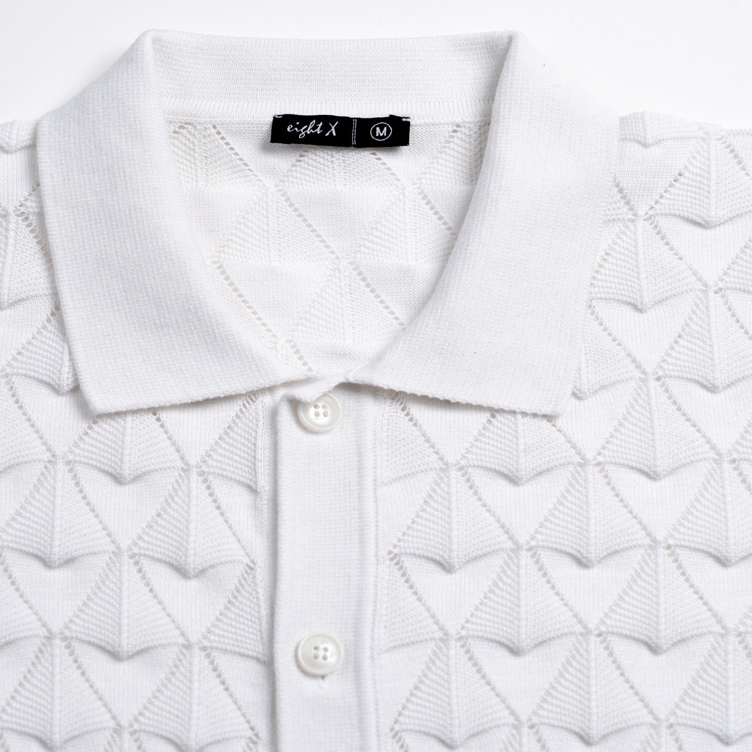 Spire Crochet Short Sleeve Button Up Polo Shirt - White Eight-X