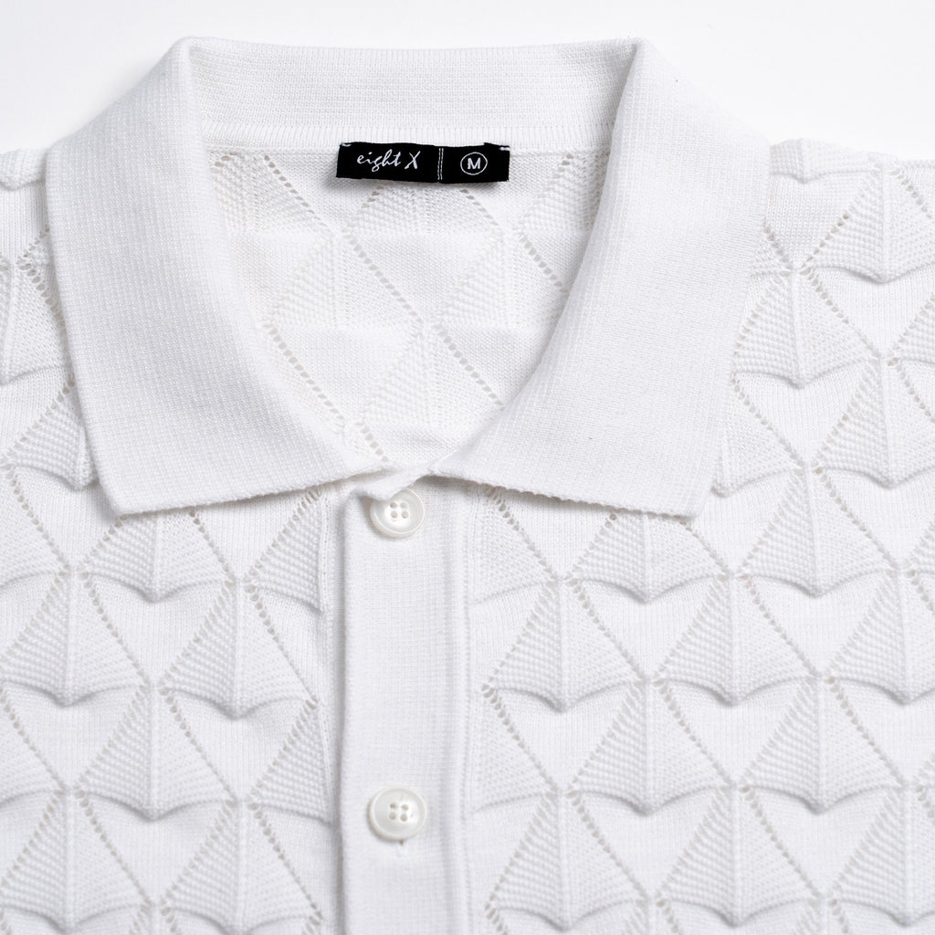 Spire Crochet Short Sleeve Button Up Polo Shirt - White Eight-X
