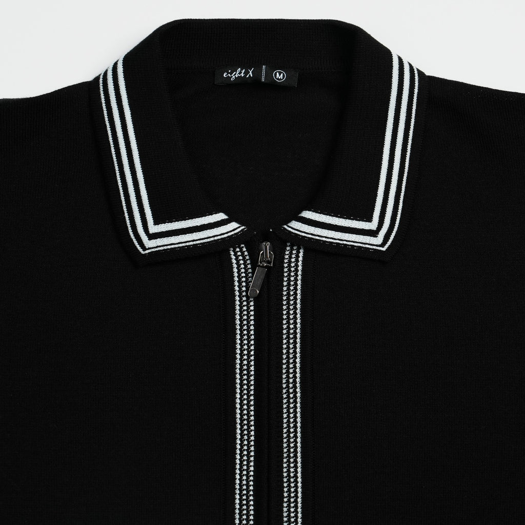 Contour Short Sleeve Two Way Zip Knit Polo Shirt - Black Eight-X
