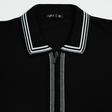 Contour Short Sleeve Two Way Zip Knit Polo Shirt - Black Eight-X