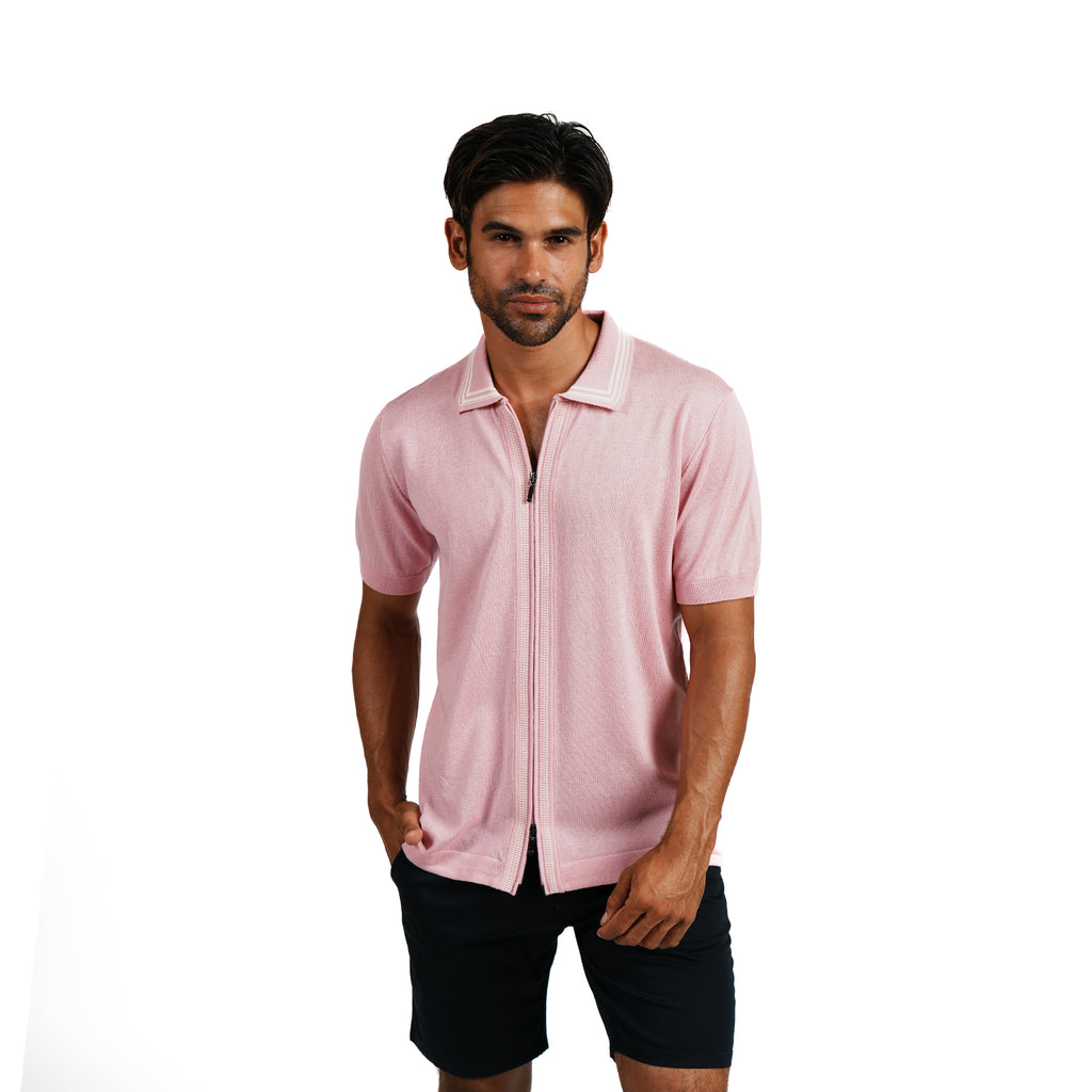 Contour Short Sleeve Zip Knit Polo Shirt - Pink Eight-X