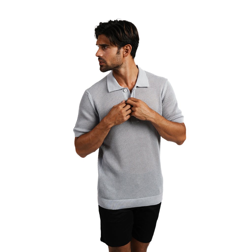 Zephyr Short Sleeve Button Up Crochet Polo Shirt - Lilac Eight-X