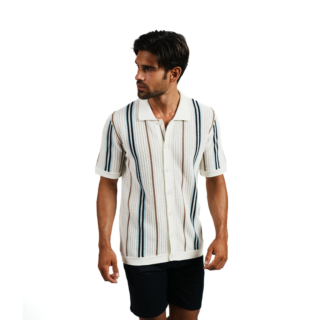 Fisherman Crochet Short Sleeve Button-Up Polo Shirt Eight-X