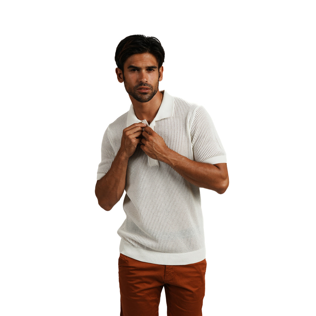 Zephyr Short Sleeve Button Up Crochet Polo Shirt - White Eight-X