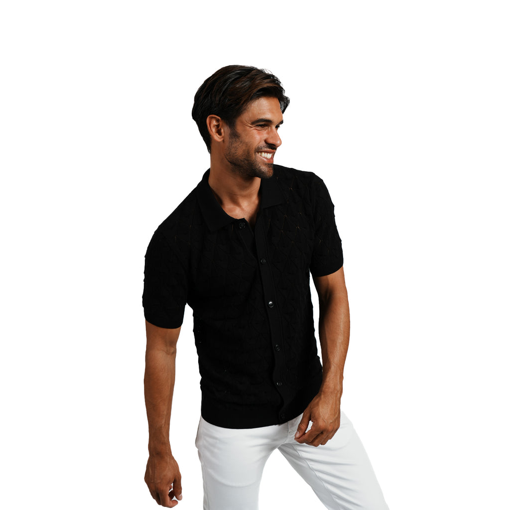 Spire Crochet Short Sleeve Button Up Polo Shirt - Black Eight-X