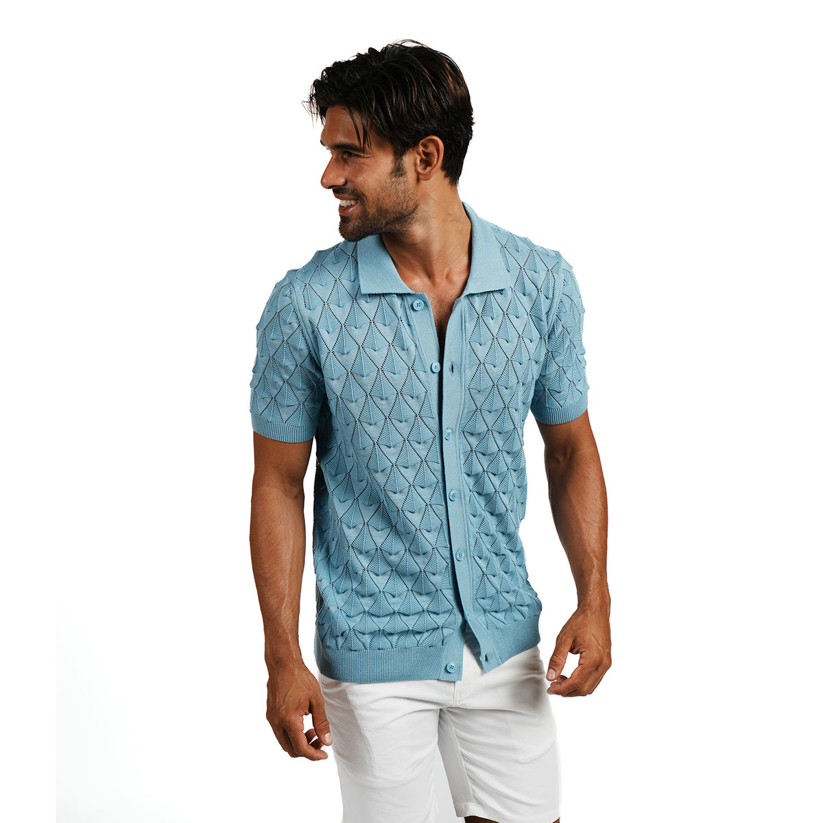 Spire Crochet Short Sleeve Button Up Polo Shirt - Blue Eight-X