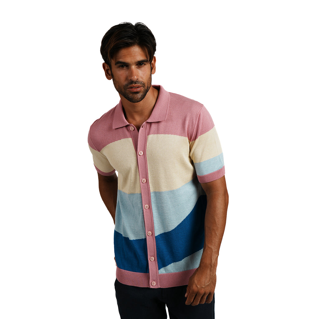Sierra Knit Short Sleeve Button-Up Polo Shirt - Pink Eight-X