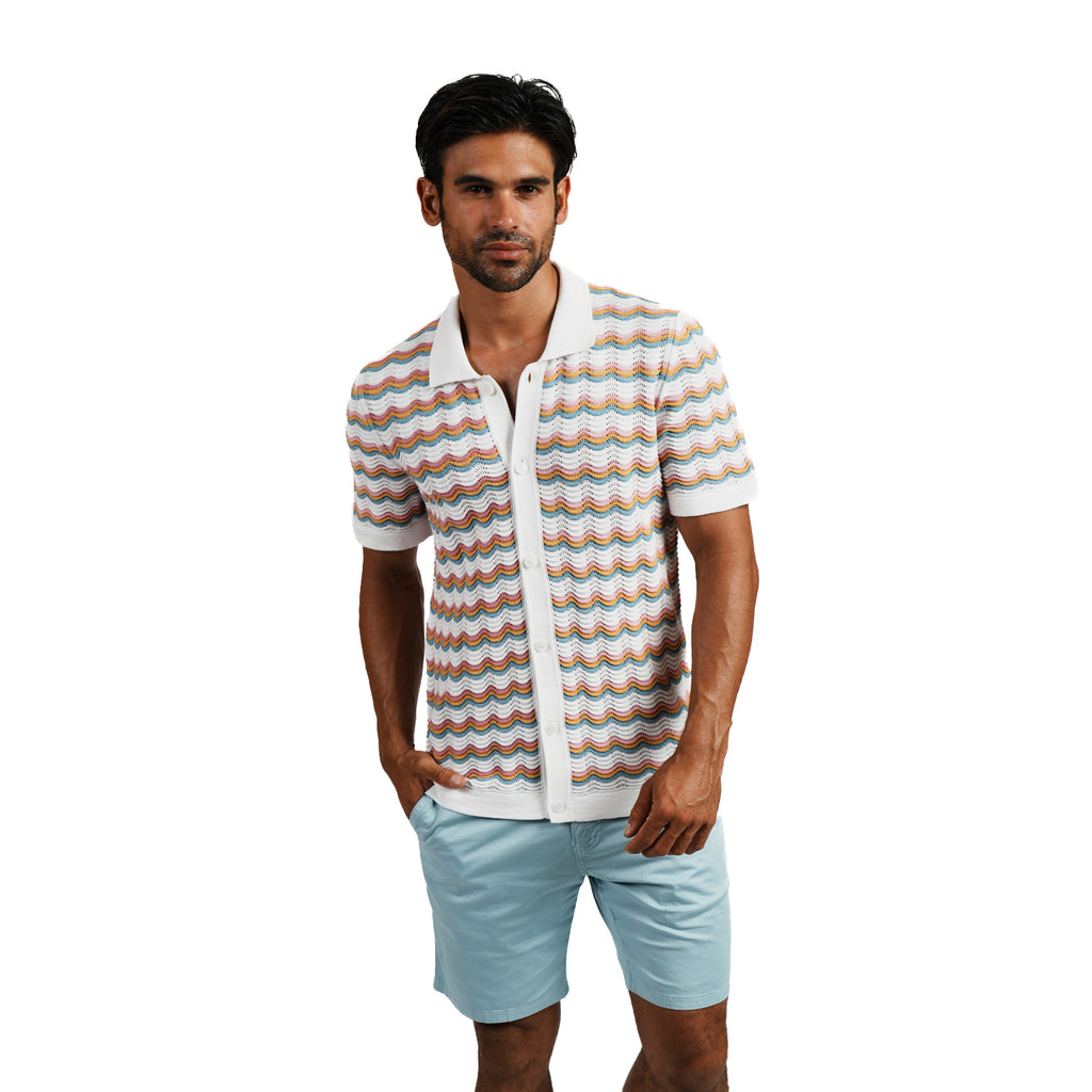 The Ripple Crochet Short Sleeve Button Up Polo Shirt - White Eight-X