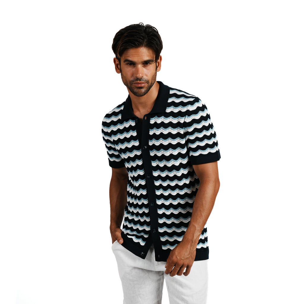 The Ripple Crochet Short Sleeve Button Up Polo Shirt - Navy Eight-X