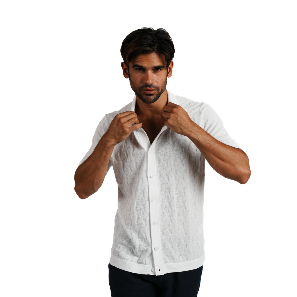 8X Monogram Short Sleeve Button Up Knit Polo Shirt - White Eight-X