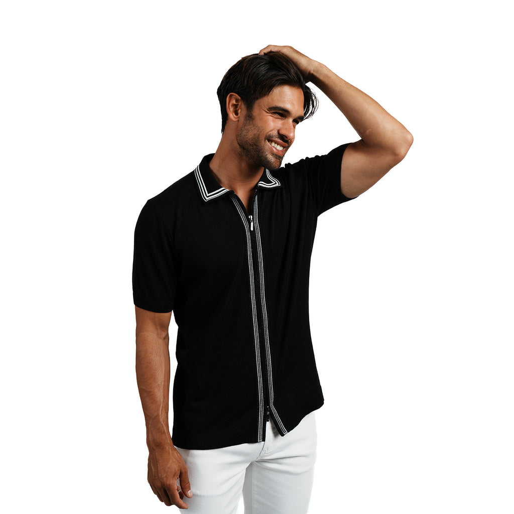 Contour Short Sleeve Two Way Zip Knit Polo Shirt - Black Eight-X
