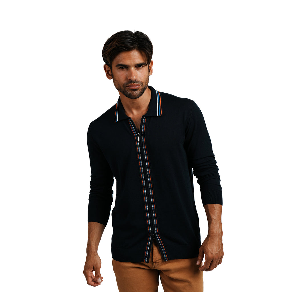 Contour Long Sleeve Two Way Zip Knit Sweater - Navy Eight-X