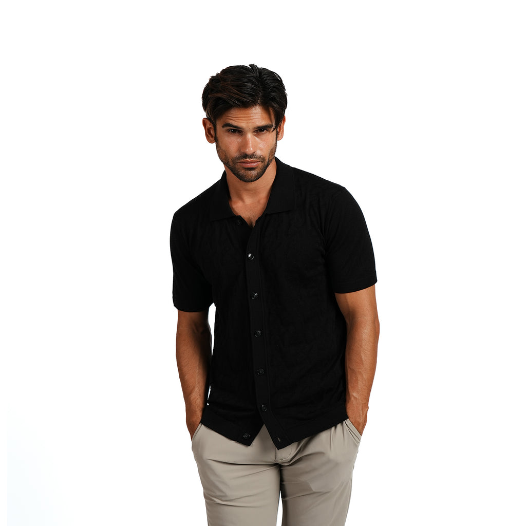 8X Monogram Short Sleeve Button Up Knit Polo Shirt - Black Eight-X