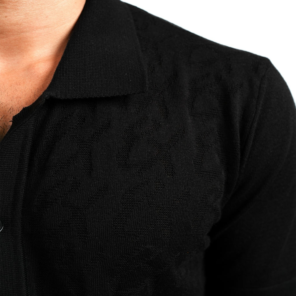 8X Monogram Short Sleeve Button Up Knit Polo Shirt - Black Eight-X