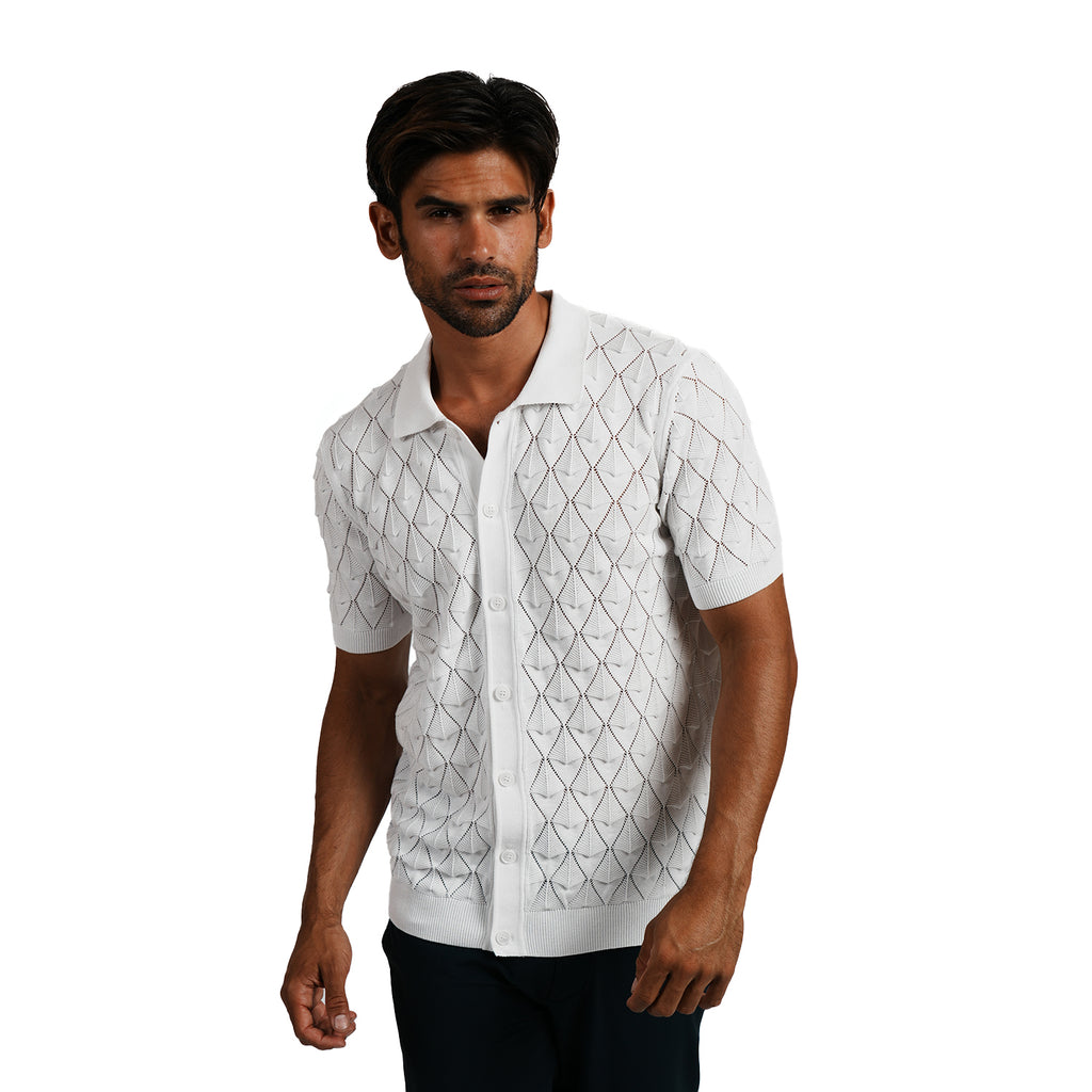 Spire Crochet Short Sleeve Button Up Polo Shirt - White Eight-X