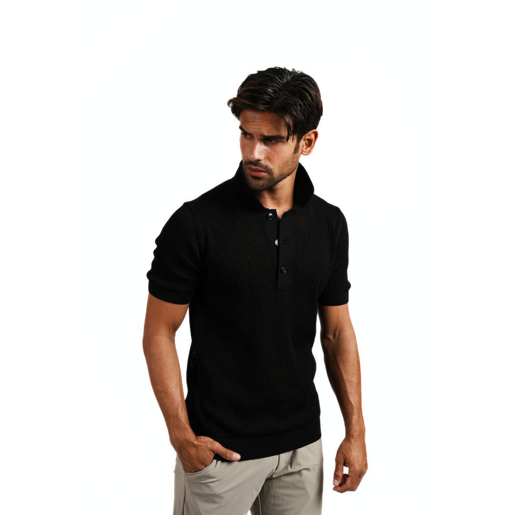 Zephyr Short Sleeve Button Up Crochet Shirt - Black Eight-X