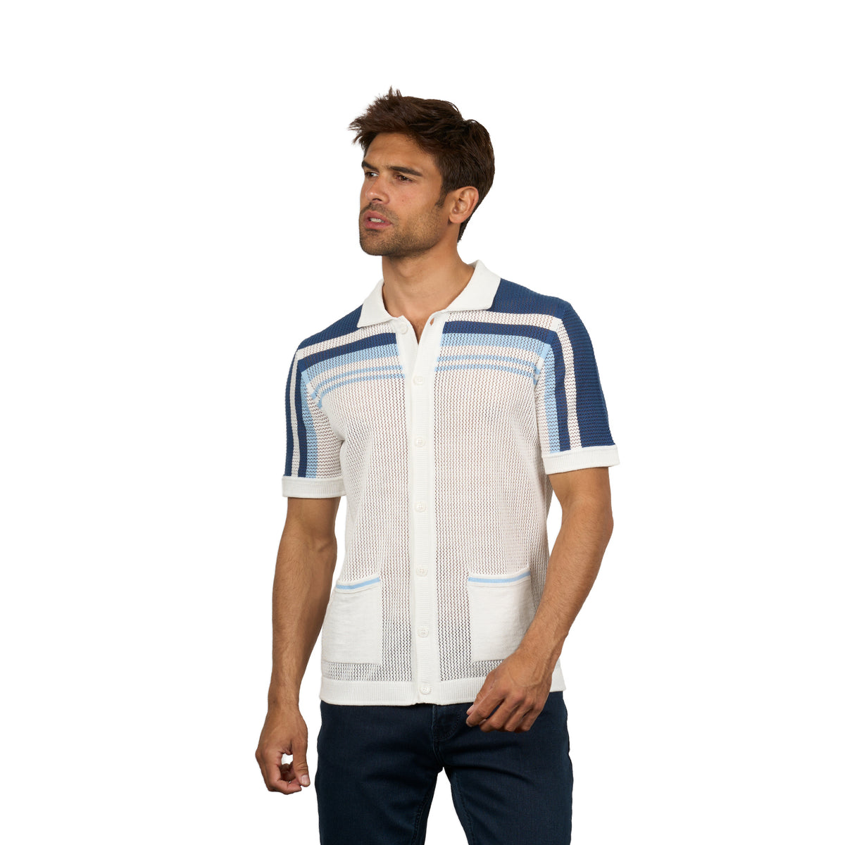 Foundation Crochet Button Up Shirt - Blue Button Up Shirts Eight-X