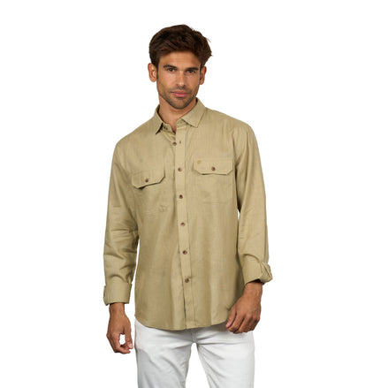 Essential Utility Linen Long Sleeve Button Down Shirt - Olive Button Down Shirts Eight-X
