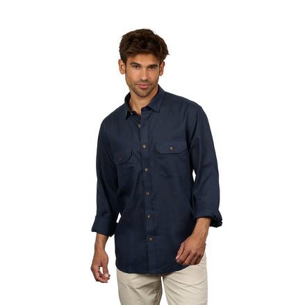 Essential Utility Linen Long Sleeve Button Down Shirt - Navy Button Down Shirts Eight-X