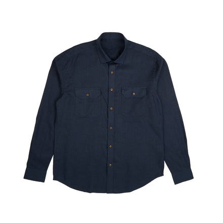 Essential Utility Linen Long Sleeve Button Down Shirt - Navy Button Down Shirts Eight-X
