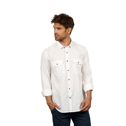 Essential Utility Linen Long Sleeve Button Down Shirt - White Button Down Shirts Eight-X