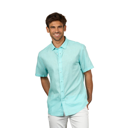 Essential Linen Button Short Sleeve Button Down Shirt - Turquoise Button Down Shirts Eight-X