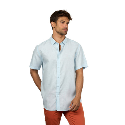 Essential Linen Button Short Sleeve Button Down Shirt - Light Blue Button Down Shirts Eight-X