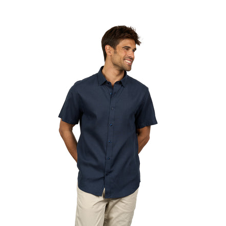 Essential Linen Button Short Sleeve Button Down Shirt - Navy Button Down Shirts Eight-X