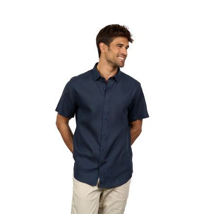Essential Linen Button Short Sleeve Button Down Shirt - Navy Button Down Shirts Eight-X