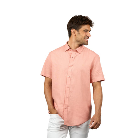 Essential Linen Button Short Sleeve Button Down Shirt - Orange Button Down Shirts Eight-X