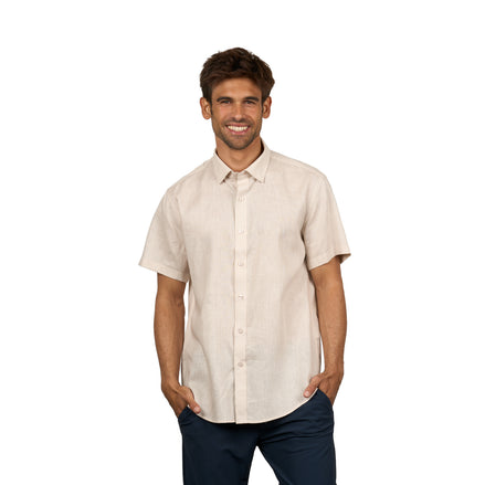Essential Linen Button Short Sleeve Button Down Shirt - Beige Button Down Shirts Eight-X