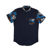 Navy Linen Short Sleeve Shirt With Botanical Print Short Sleeve Shirts Eight-X