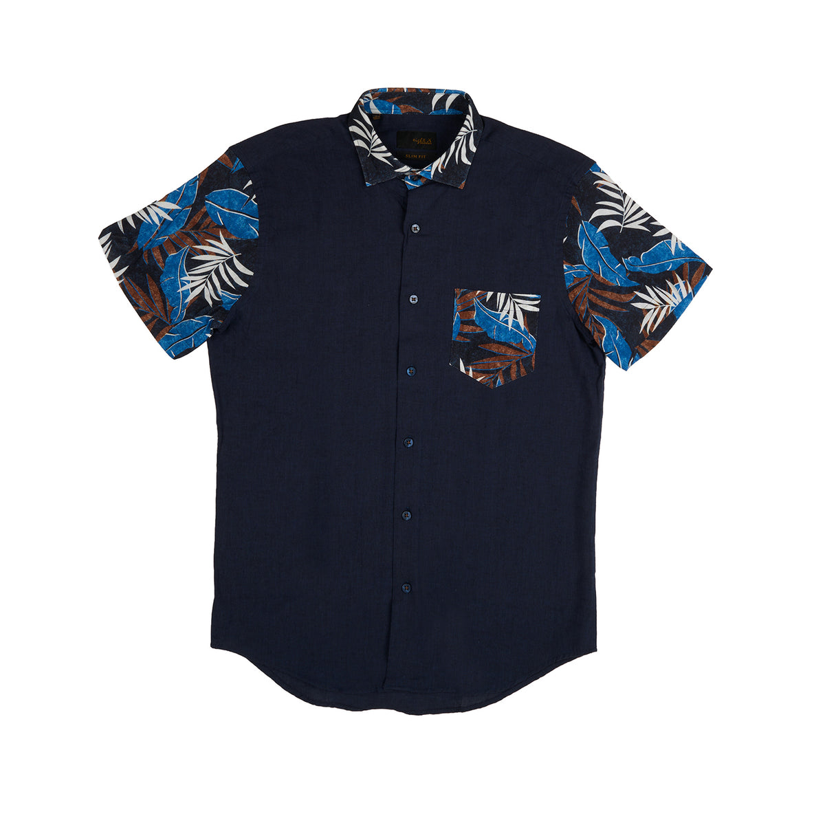 Navy Linen Short Sleeve Shirt With Botanical Print Short Sleeve Shirts Eight-X