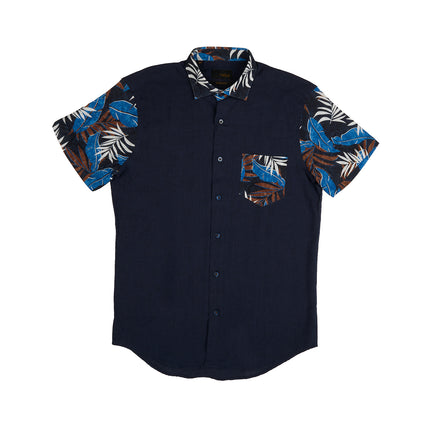 Navy Linen Short Sleeve Shirt With Botanical Print Short Sleeve Shirts Eight-X